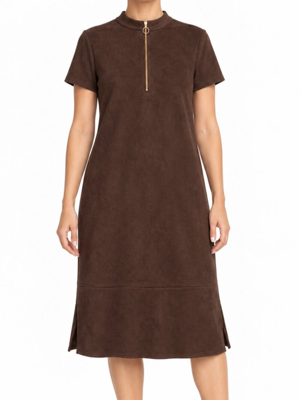 Andrew Marc Women's Brown Faux Suede Zip Front Shift Dress, 10 (M)